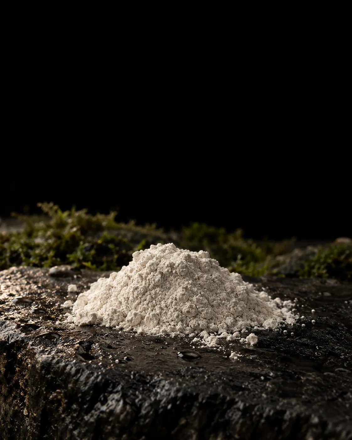 A mound of fine, matte off-white tin oxide powder on wet black basalt, moss behind