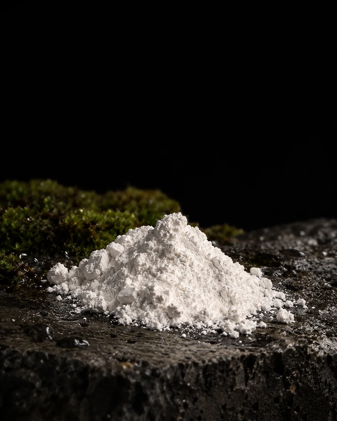 A bright white mound of titanium dioxide pigment on wet black basalt, moss behind