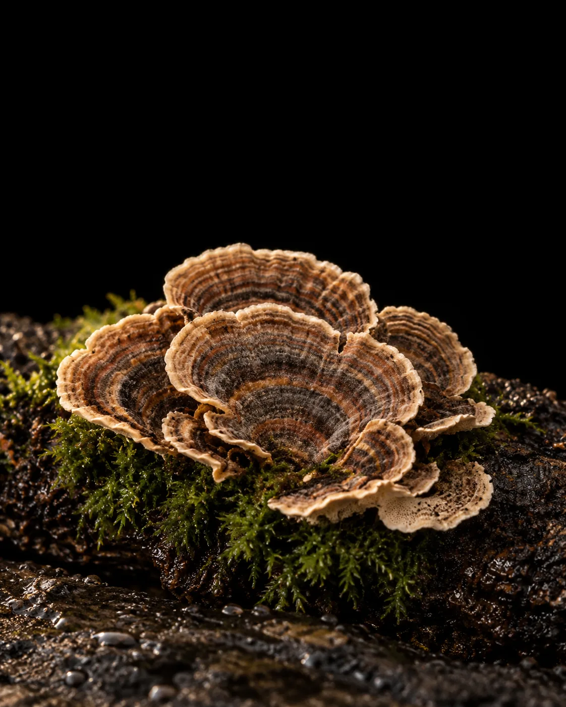 Banded brown and cream turkey tail brackets layered on a mossy dark log