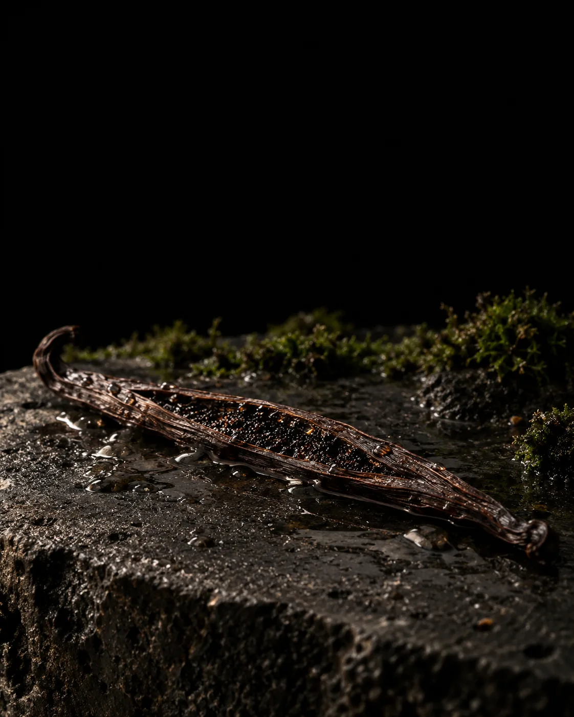 A split vanilla pod lying in a film of clear water on wet black basalt