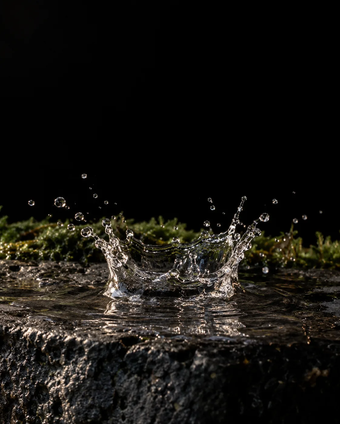 A crown splash of clear water on wet black basalt, moss behind