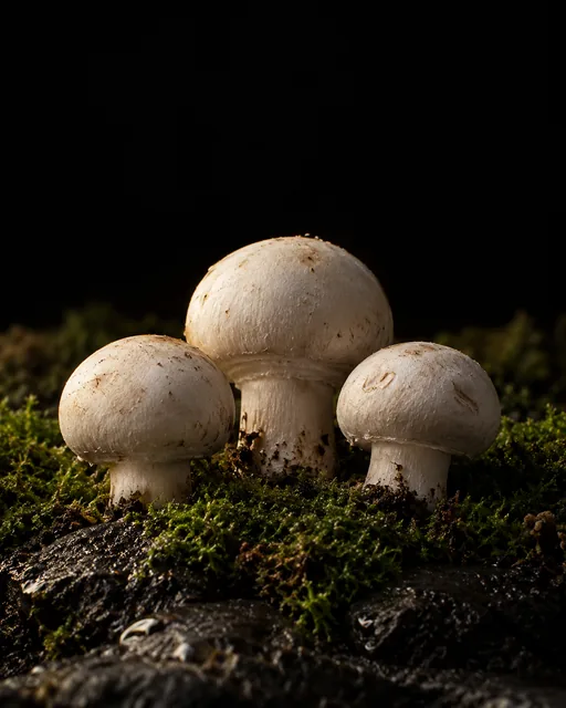 Three white button mushrooms growing from moss on wet black basalt