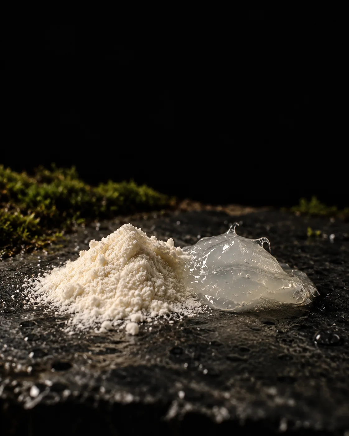 Off-white xanthan gum powder beside a small clear gel on wet black basalt, moss behind