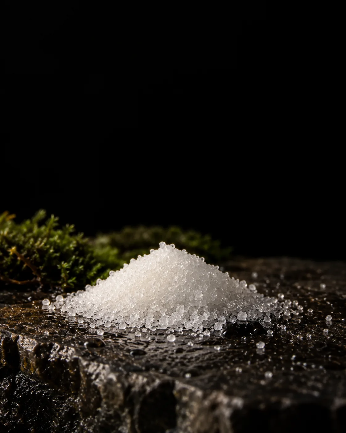 A heap of sparkling white xylitol crystals on wet black basalt, moss behind