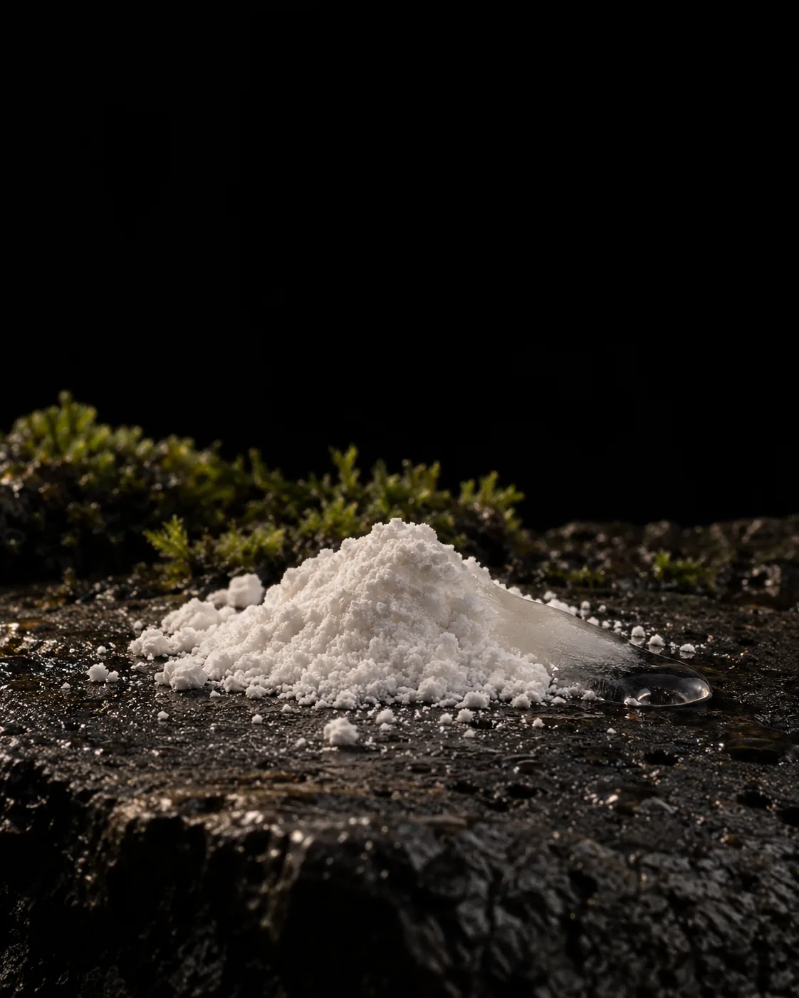 Fine white powder dissolving into a clear bead of water on wet black basalt