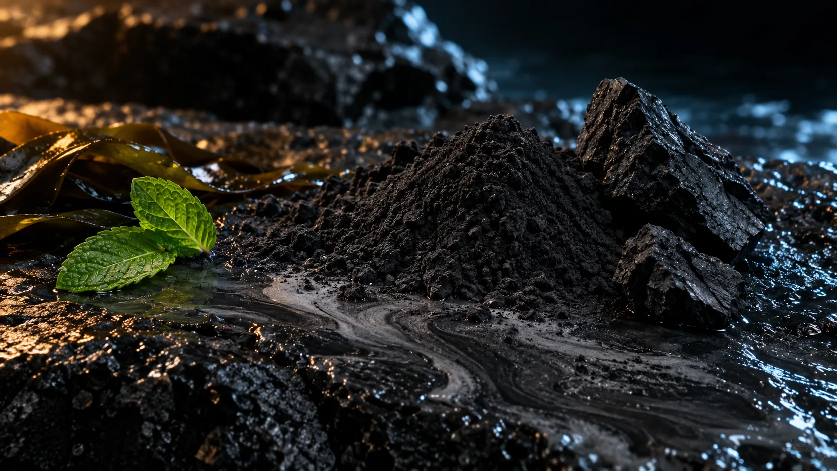 A heap of fine black activated charcoal powder and porous charcoal chunks on wet black basalt, a grey plume of powder swirling in a film of water, with peppermint leaves and dark kelp