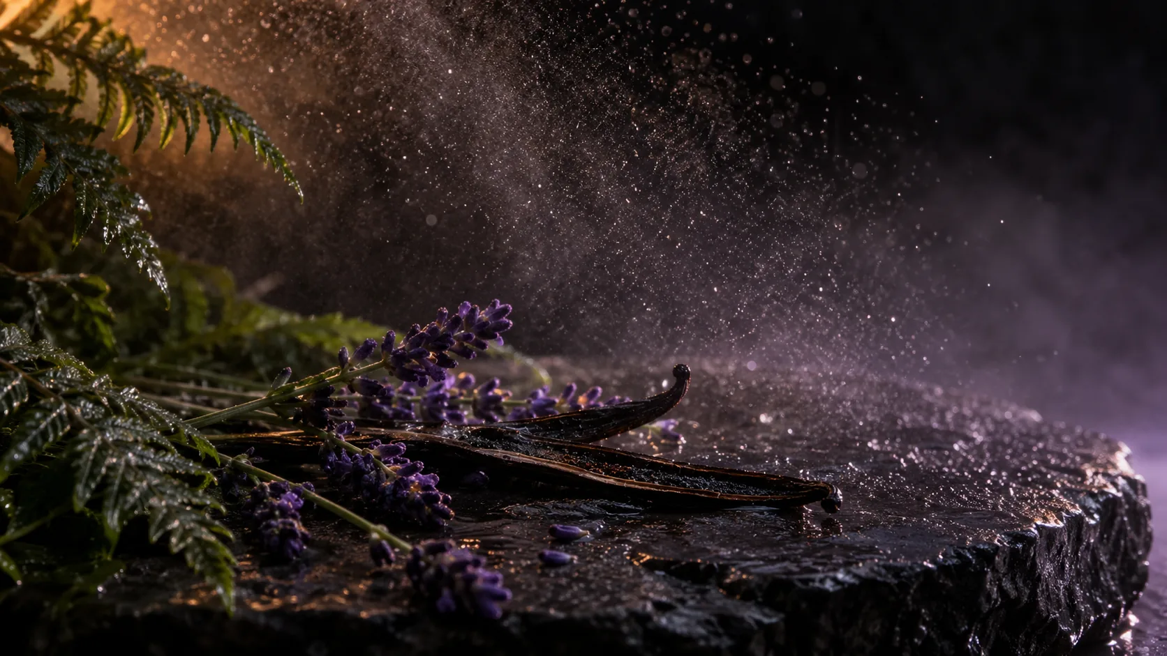 A fine mist of water droplets glowing in violet light above wet black stone, with lavender sprigs, a split vanilla pod and fern fronds