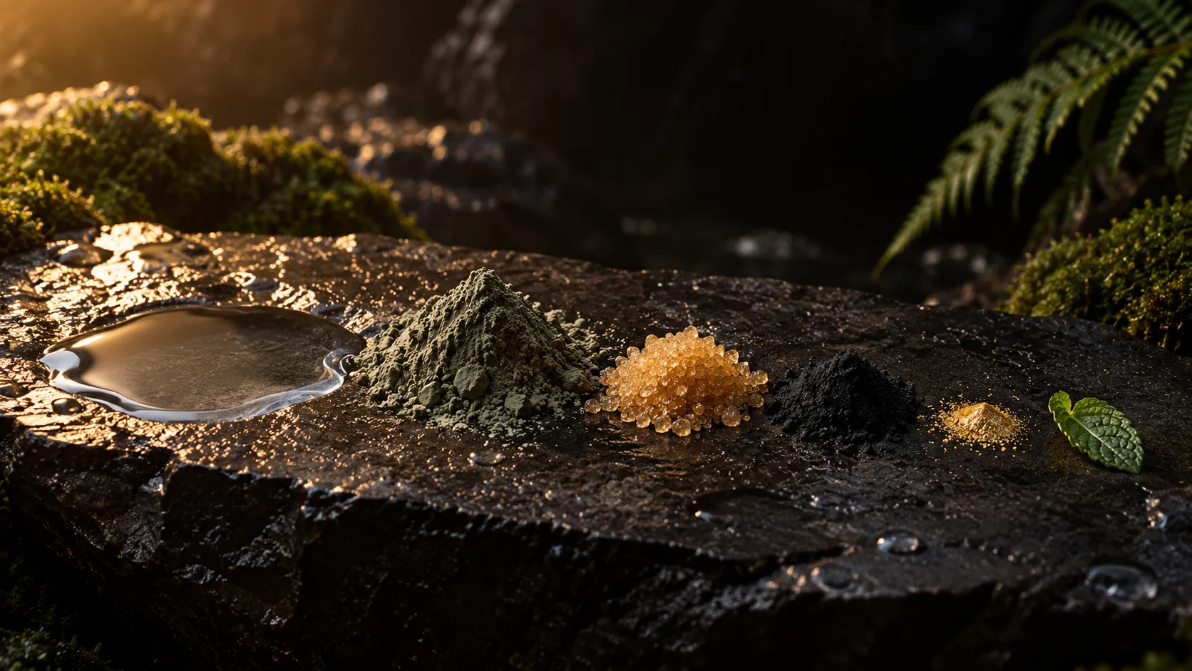 Raw ingredients in one row on wet black basalt, from a pool of water and a mound of grey-green clay down to sugar crystals, charcoal powder, a pinch of gold shimmer and a single peppermint leaf