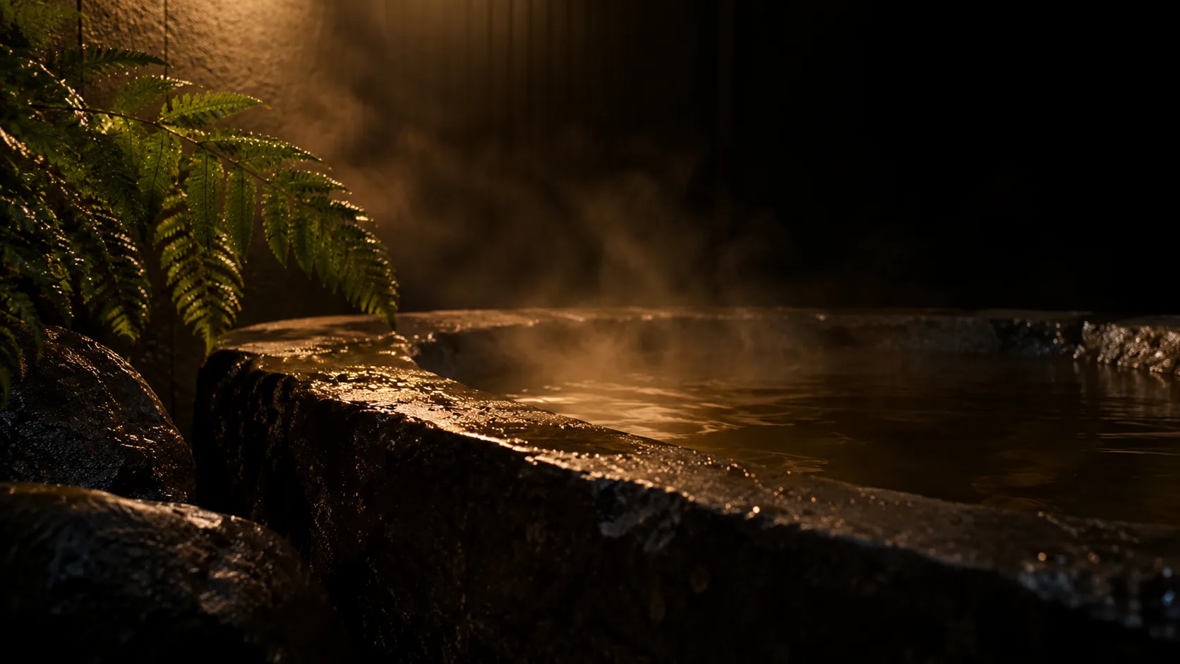 Steam rising from warm water in a dark stone basin, a fern leaning in from the left, in amber light