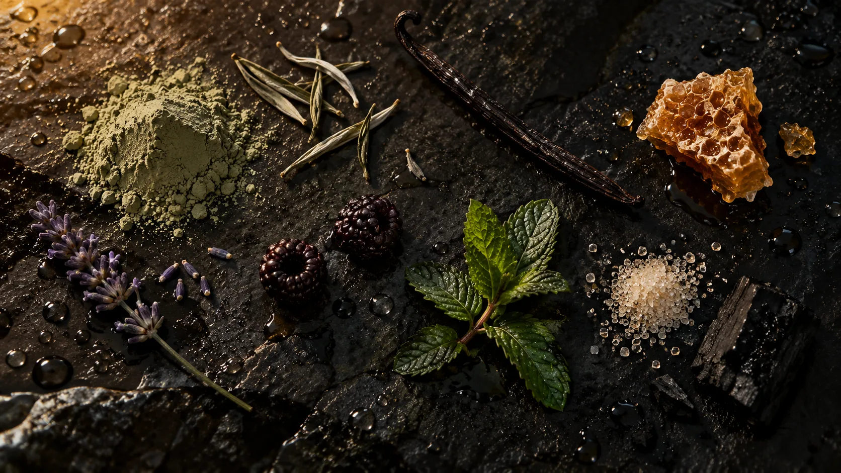 Raw ingredients laid out on wet basalt: green clay, white tea leaves, a vanilla pod, honeycomb, lavender, black raspberries, peppermint, sugar and charcoal
