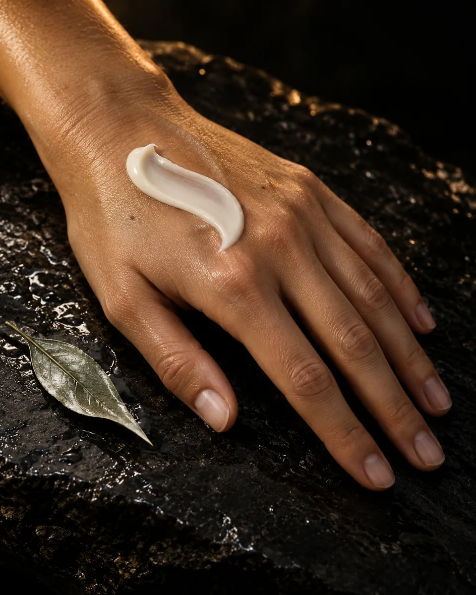 A swatch of ivory face cream on the back of a hand resting on dark wet stone, a white tea leaf beside it