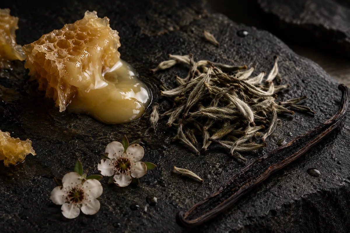 A piece of honeycomb with creamy pale-gold manuka honey, silvery white tea buds, a split vanilla pod and two white manuka blossoms on dark basalt