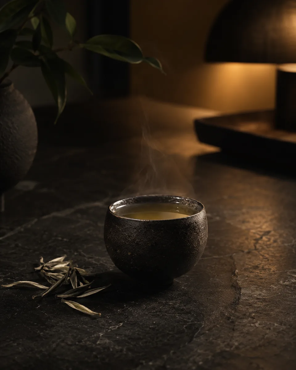 A dark stoneware cup of pale white tea steaming on dark stone in warm lamp light, silvery tea leaves beside it