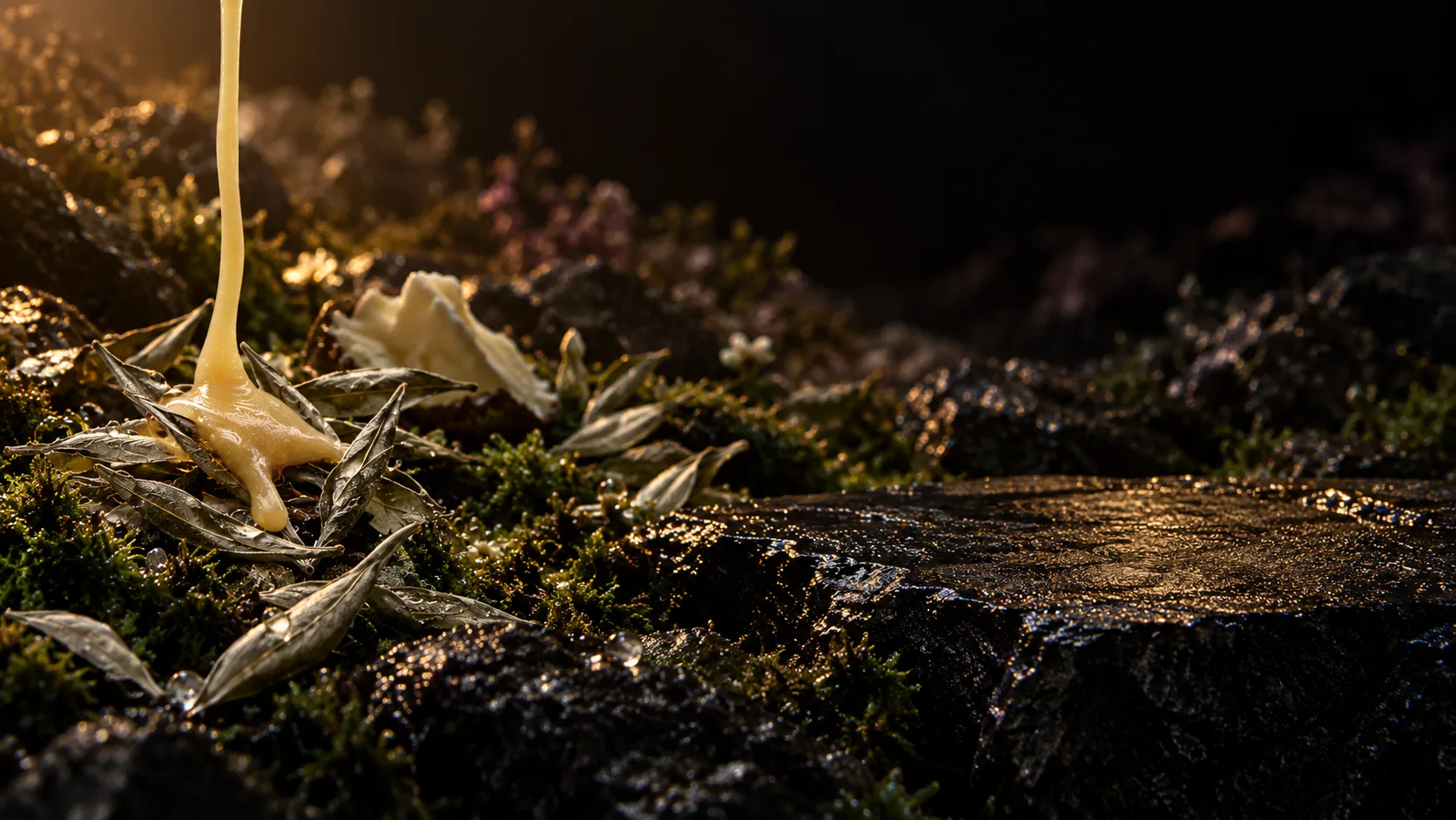 White tea leaves under a ribbon of creamy, pale-gold honey folding into a soft mound, with a curl of ivory butter, on moss, a flat wet basalt ledge lit amber on the right