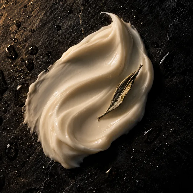 A soft ivory cream swirl on dark wet stone with a dried white tea leaf