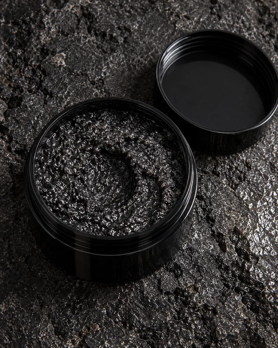 The open, wide black jar of glossy black sugar scrub from above, a fingertip scoop in its surface and the lid beside it