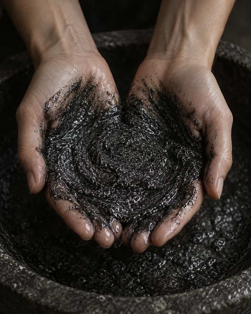 Cupped palms holding a soft, glossy layer of black charcoal sugar scrub over a dark stone basin