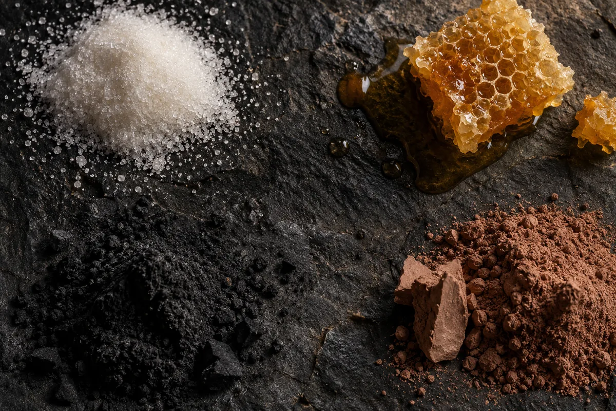 A heap of white granulated sugar, a piece of honeycomb leaking golden honey, a mound of black charcoal powder and a mound of reddish-brown lava clay with a broken lump, on dark basalt