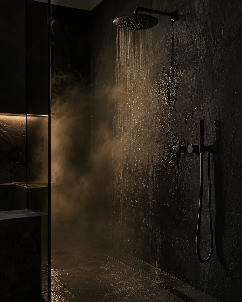 Water falling from a rain shower head and running down a wall of wet black stone at night, steam in the low light