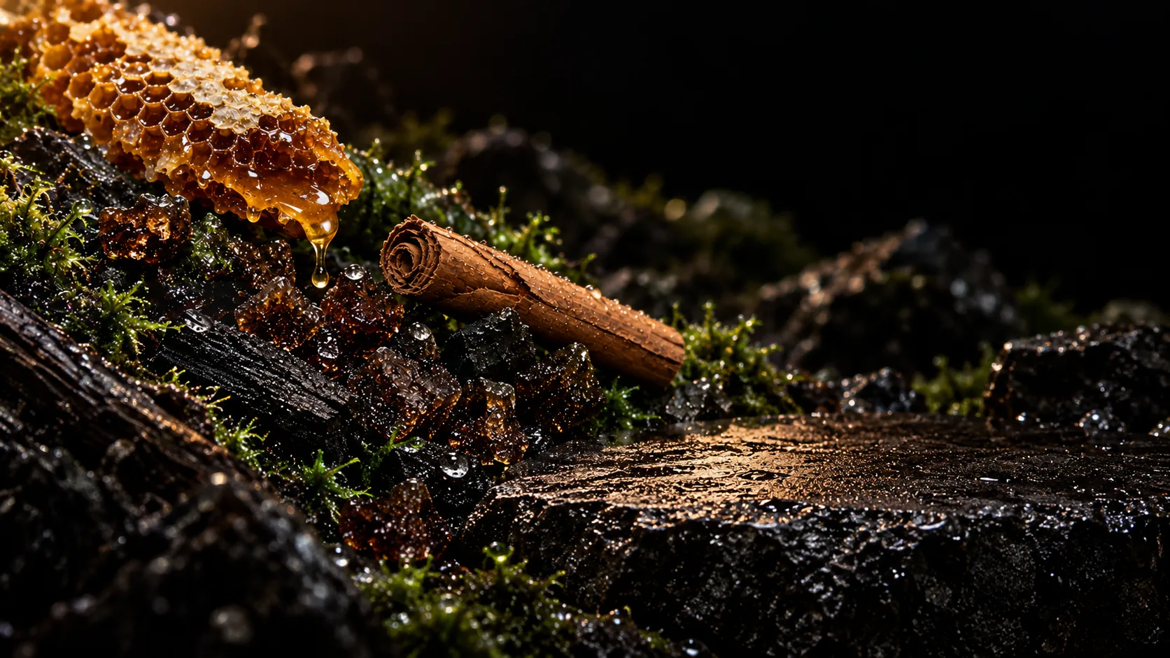 A broken piece of honeycomb dripping honey, dark sugar crystals, charcoal and a Ceylon cinnamon quill on moss, a flat wet basalt ledge lit amber on the right