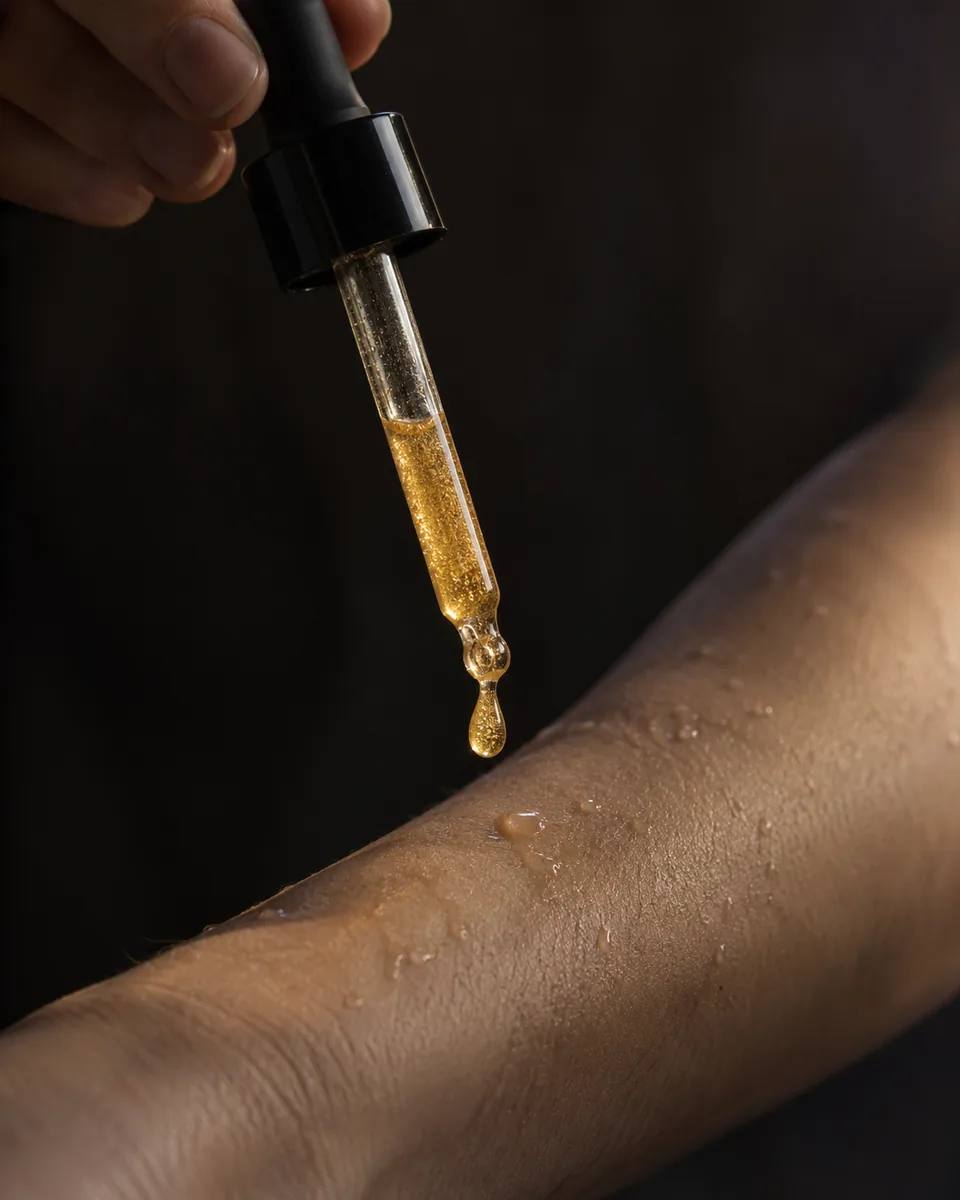 A dropper releasing a drop of golden shimmer oil onto a damp forearm