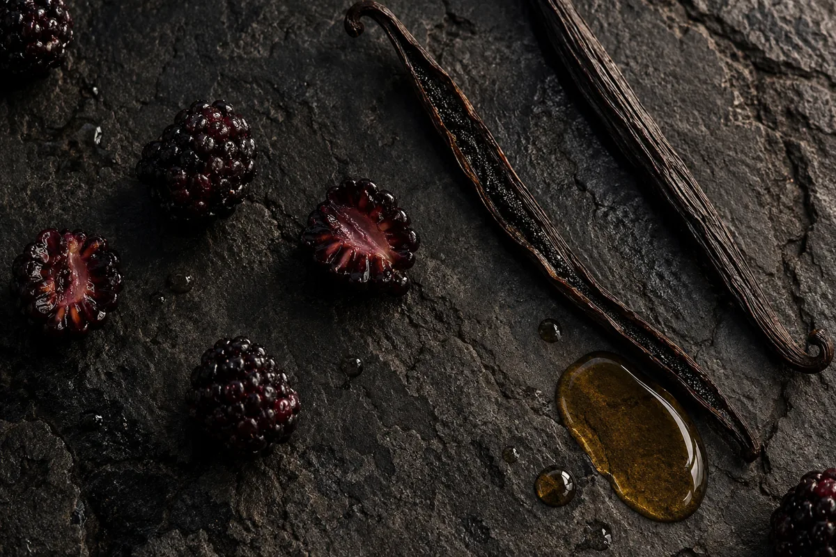 Fresh black raspberries, two of them halved, two cured vanilla pods (one split open) and a small pool of golden oil on dark basalt