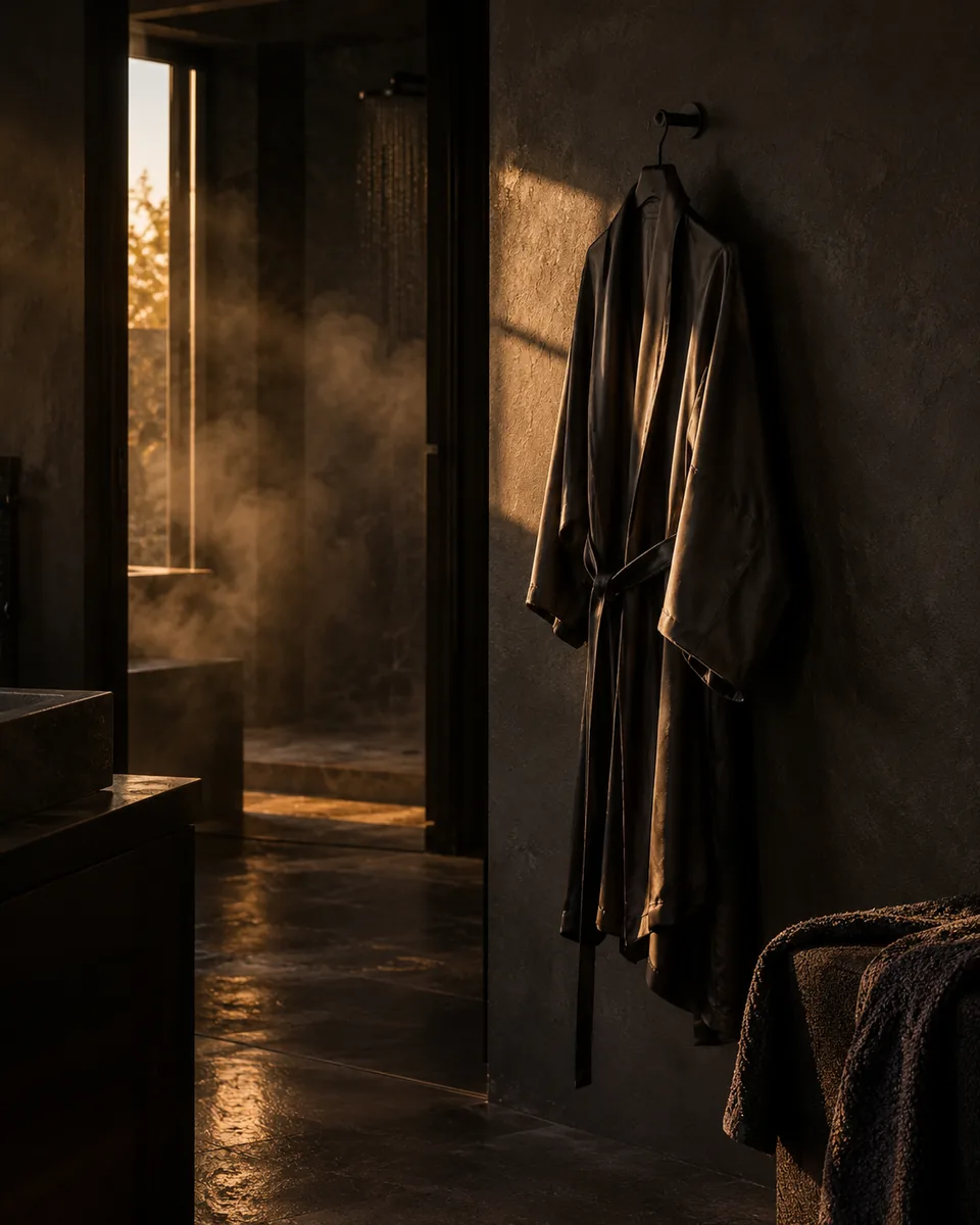 A dark silk robe hanging on a wall hook in golden evening light, steam drifting from the shower beyond