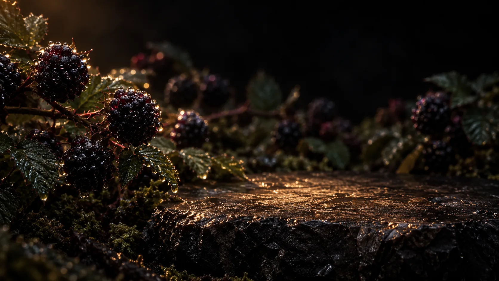 Black raspberries on bramble canes beaded with droplets, a flat wet basalt ledge lit amber on the right