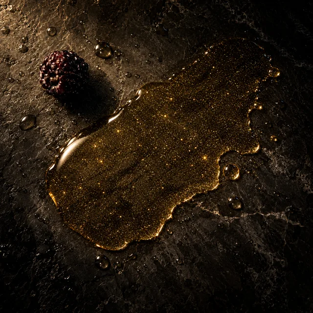 A thin, glossy pool of clear golden body oil with fine gold shimmer suspended in it, on dark wet stone beside a black raspberry