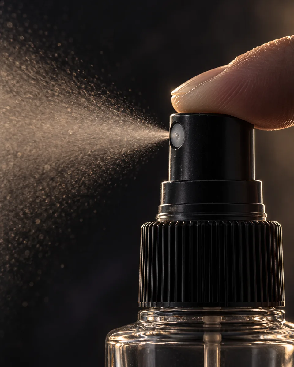 A fingertip pressing the black sprayer of the clear glass bottle, a fine mist drifting out into warm light