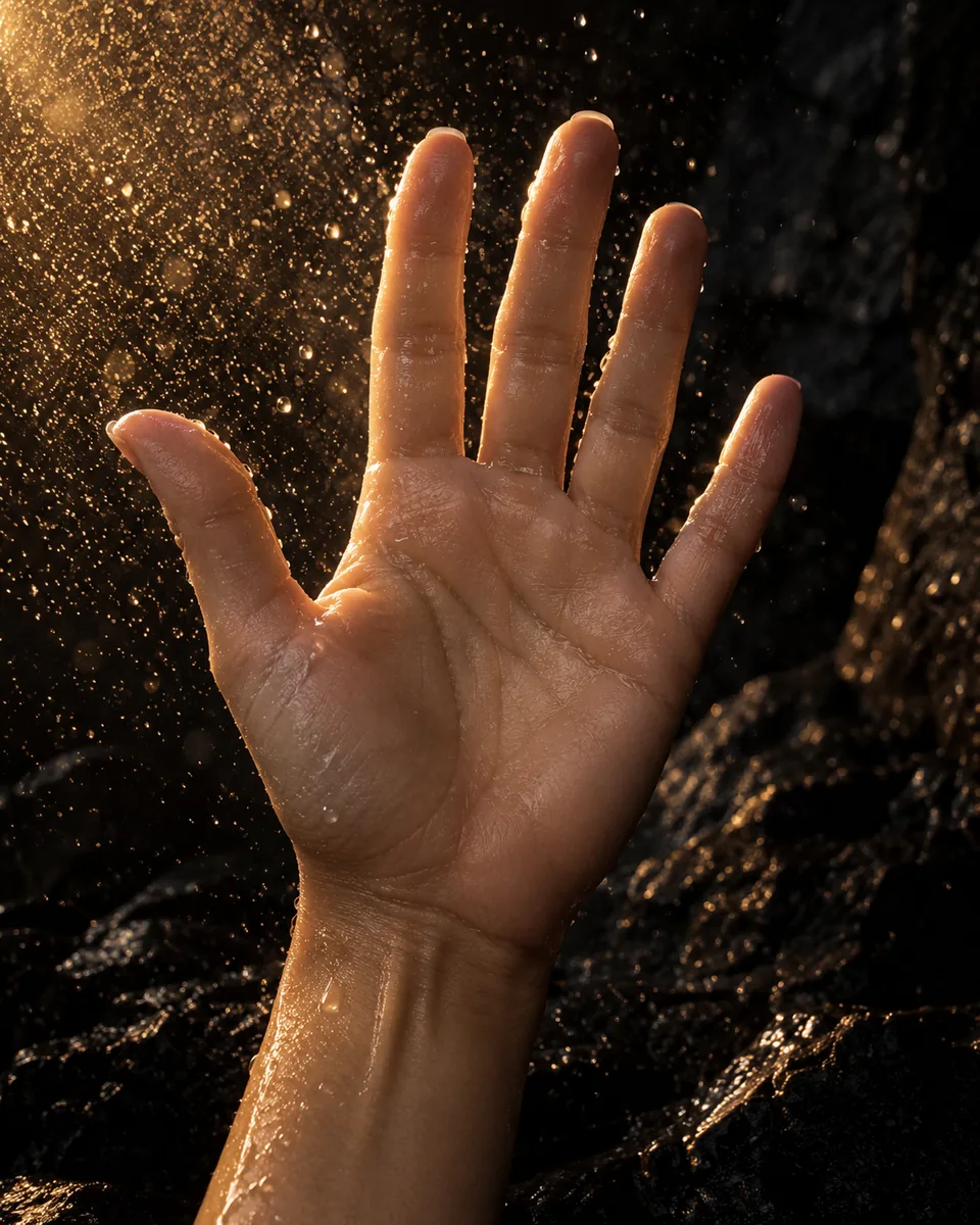 An open hand raised in a fine, warm-lit mist