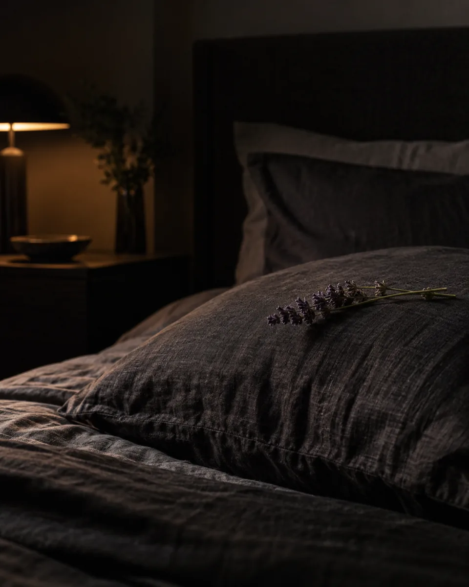 A sprig of lavender on a dark linen pillow at night, a lamp glowing on the bedside table