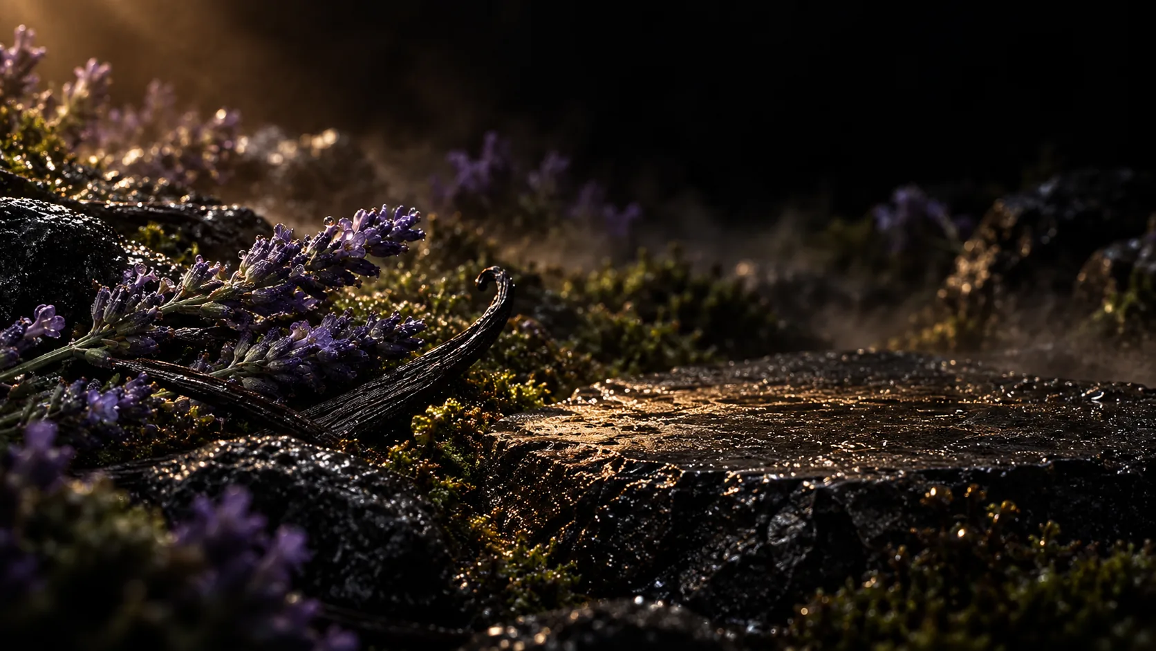 Lavender sprigs and a vanilla pod on moss in drifting mist, a flat wet basalt ledge lit amber on the right