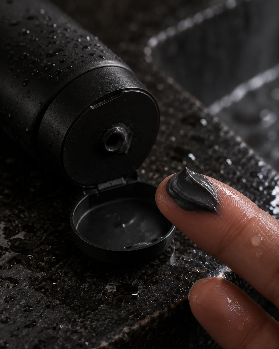A wet fingertip holding a dab of charcoal-grey cream beside the open flip cap of the Sea Witch bottle, on wet black stone