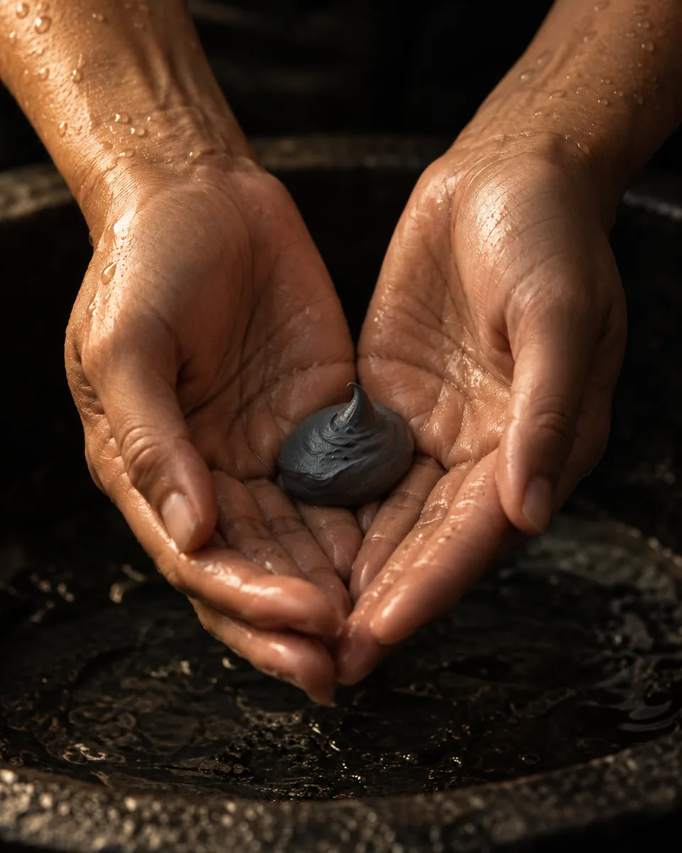 A small dollop of charcoal-grey cream cleanser in wet cupped hands over a dark stone basin