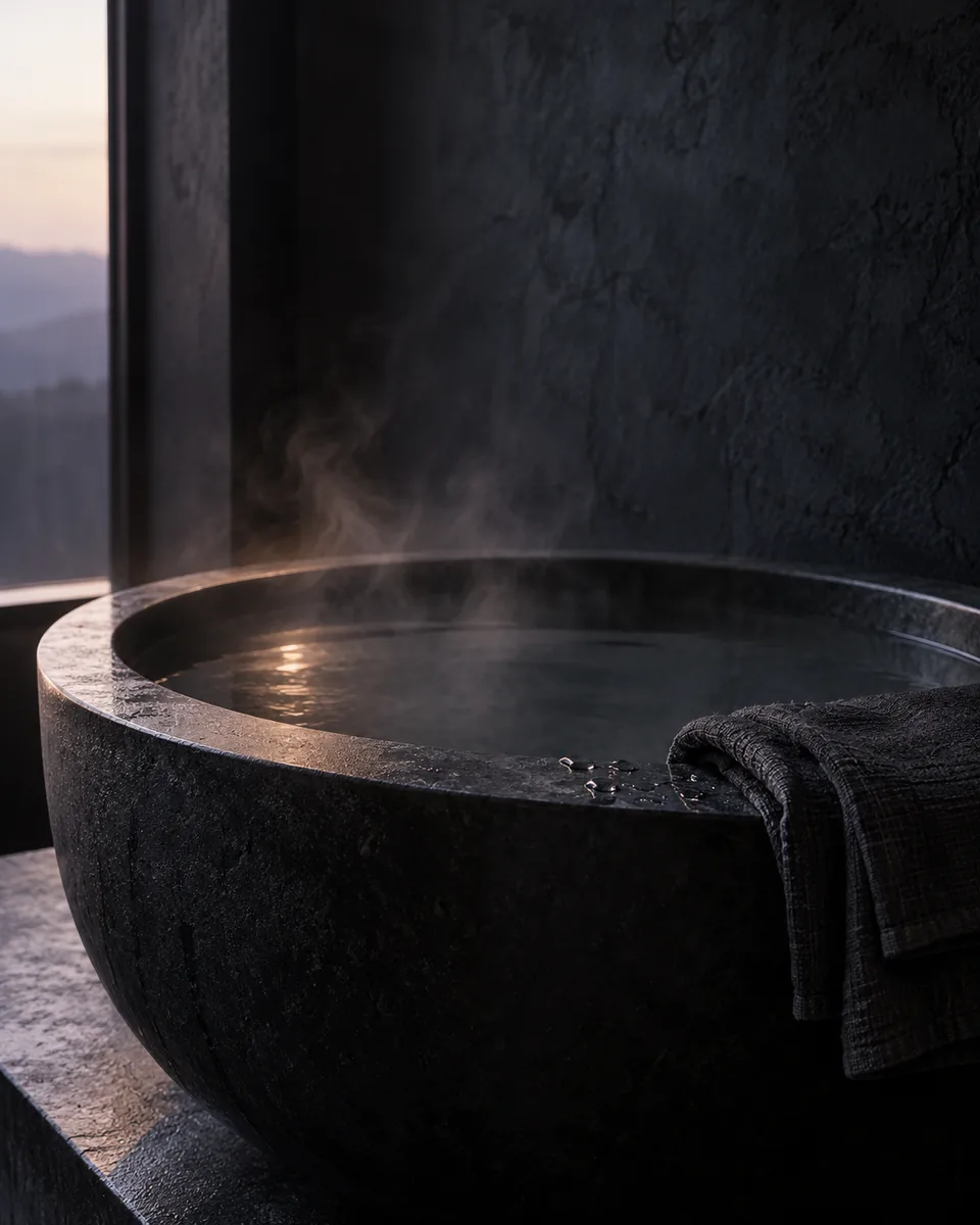 Steam rising from warm water in a round black stone basin at first light, a charcoal linen towel folded over its rim