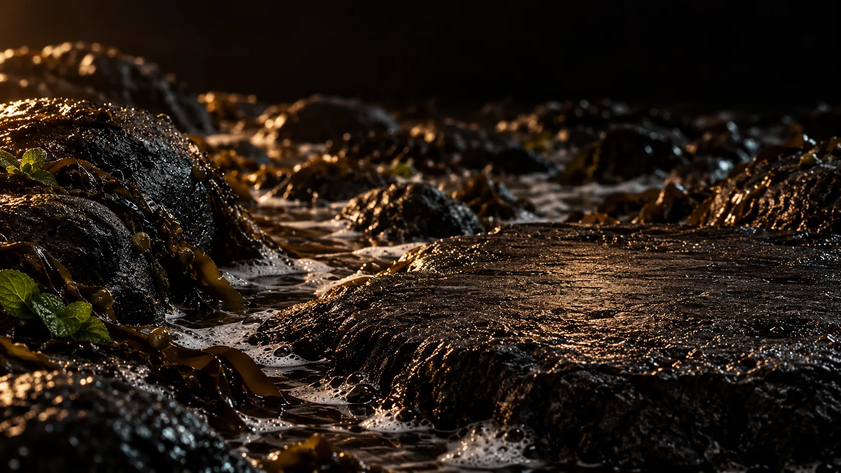 Wet shoreline basalt with kelp, sea foam and peppermint leaves on the left, a flat wet stone ledge lit amber on the right