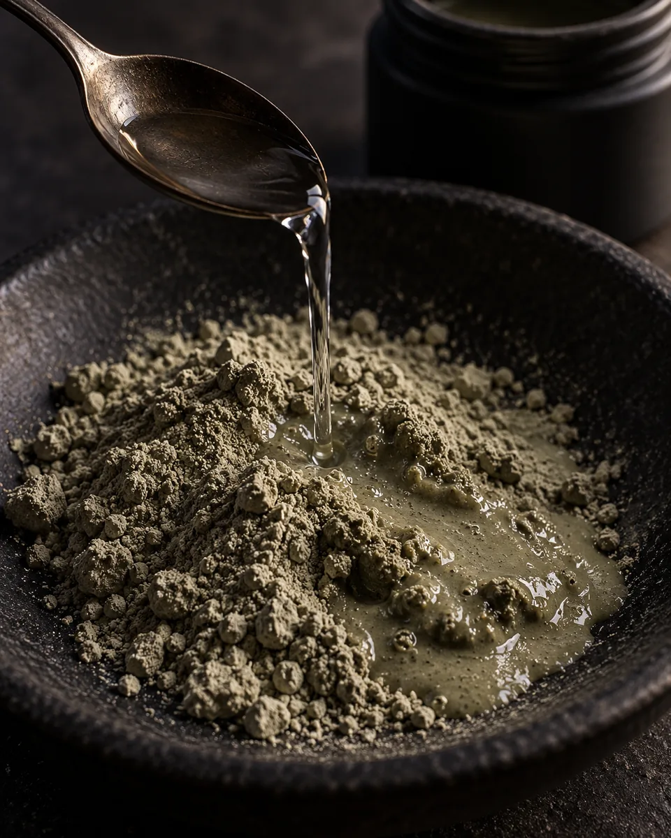 Warm water poured from a spoon onto grey-green clay powder in a black stone dish, turning it into paste, an open black jar behind