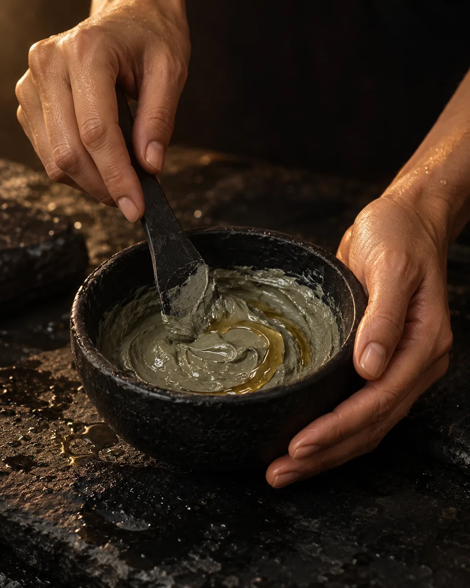 Hands mixing grey-green clay paste and honey in a black stone bowl with a dark spatula