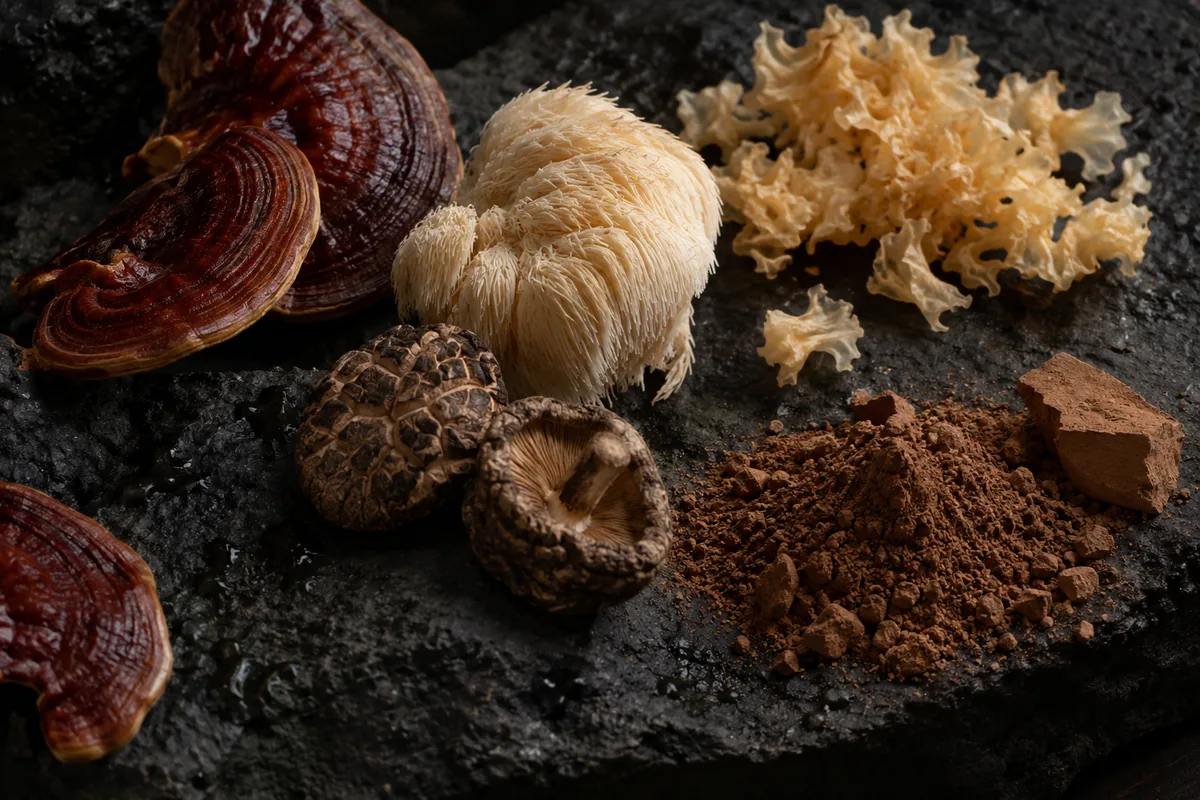 Dried reishi slices, a shaggy lion's mane mushroom, dried shiitake caps, pale golden tremella and a mound of brown lava clay powder with a broken lump, on dark basalt