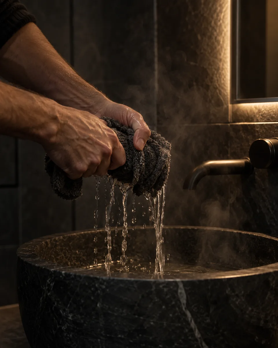 Hands wringing warm water from a charcoal washcloth over a dark stone basin, steam rising in lamp light