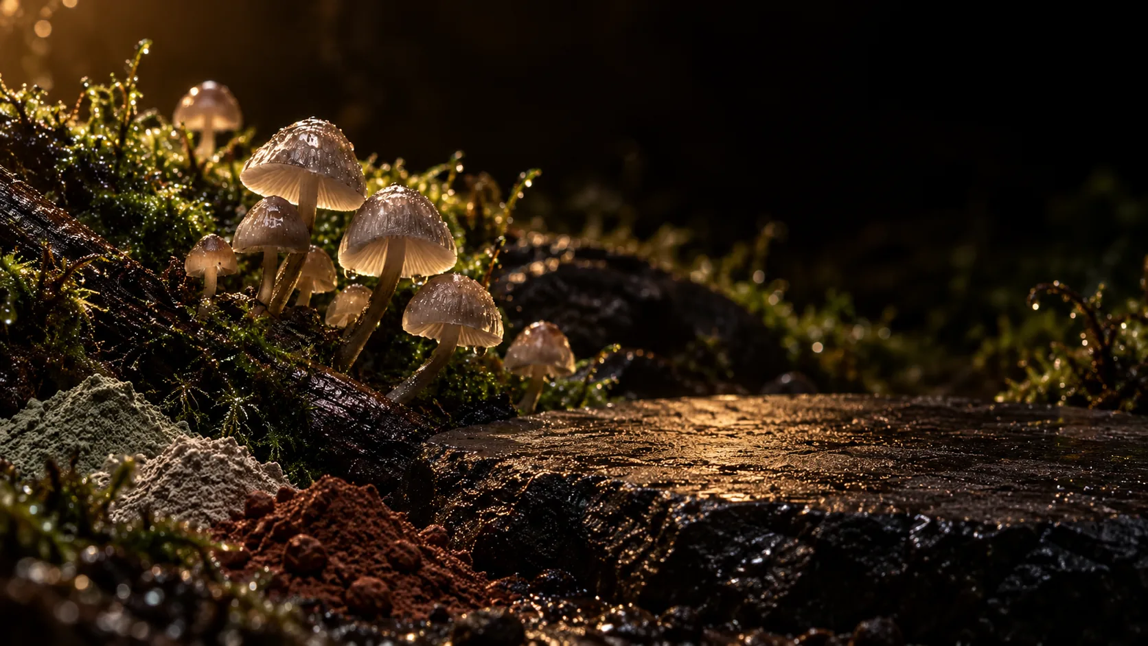 Pale mushrooms on a mossy log above mounds of green, grey and red-brown clay, a flat wet basalt ledge lit amber on the right