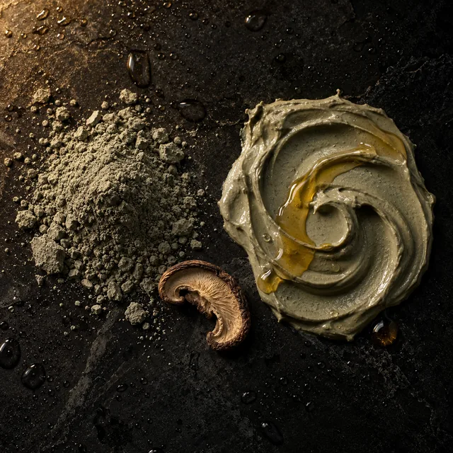 A mound of grey-green clay powder beside a swirl of clay paste drizzled with honey and a dried mushroom slice, on dark stone