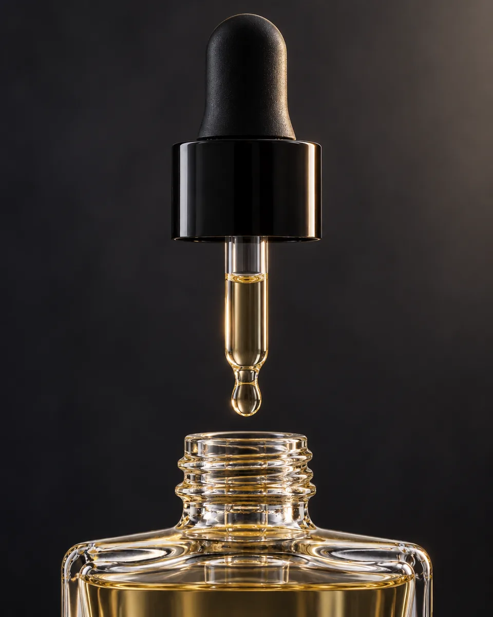 The dropper lifted from the open square glass bottle, a clear pale-golden drop of serum forming at its tip