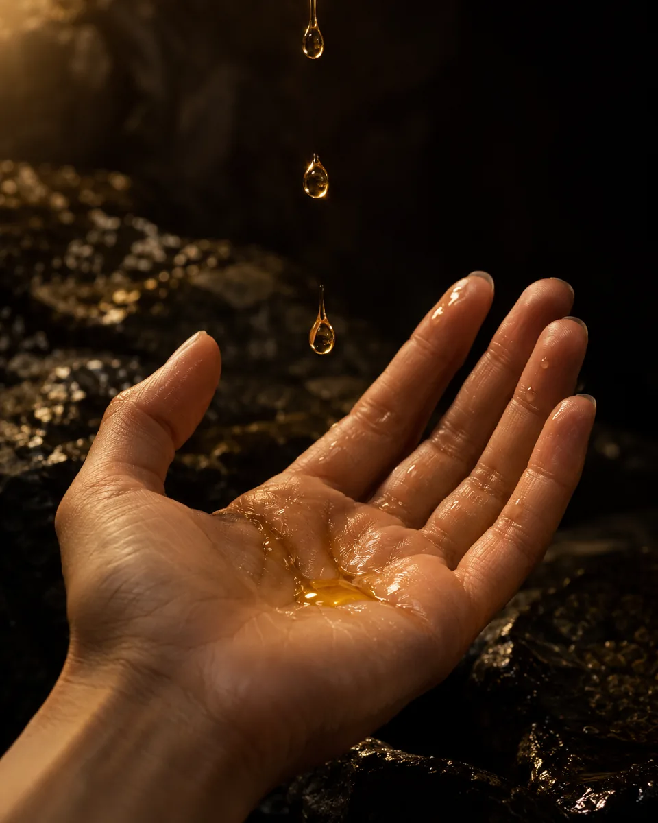 An open palm catching falling drops of golden serum