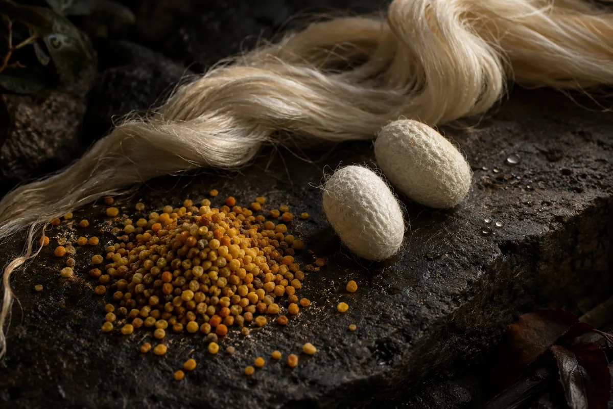 A heap of golden and orange bee pollen granules, two pale silk cocoons and a skein of raw silk fibre on dark basalt
