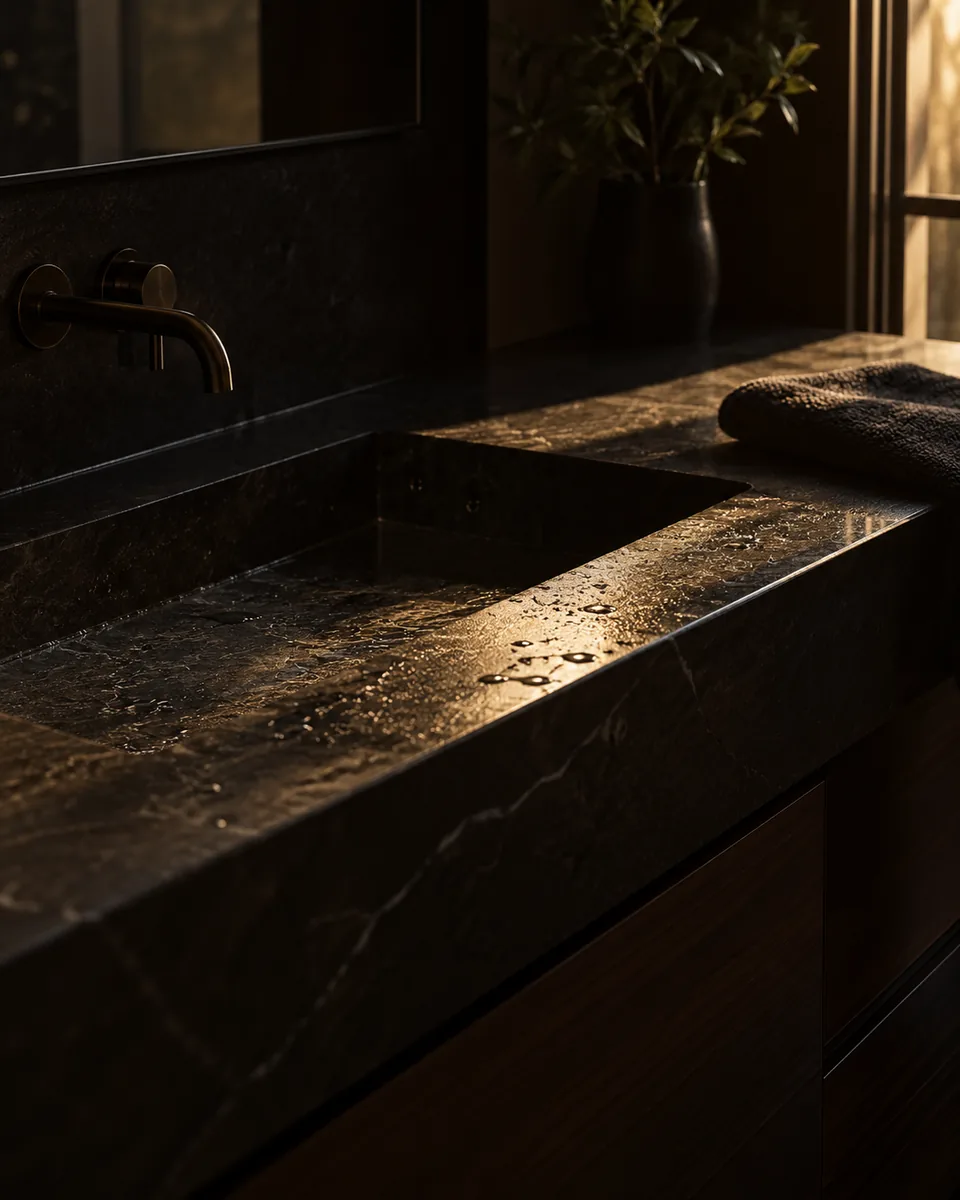 Low sunrise light raking across a dark stone vanity beaded with water, a charcoal towel at its edge