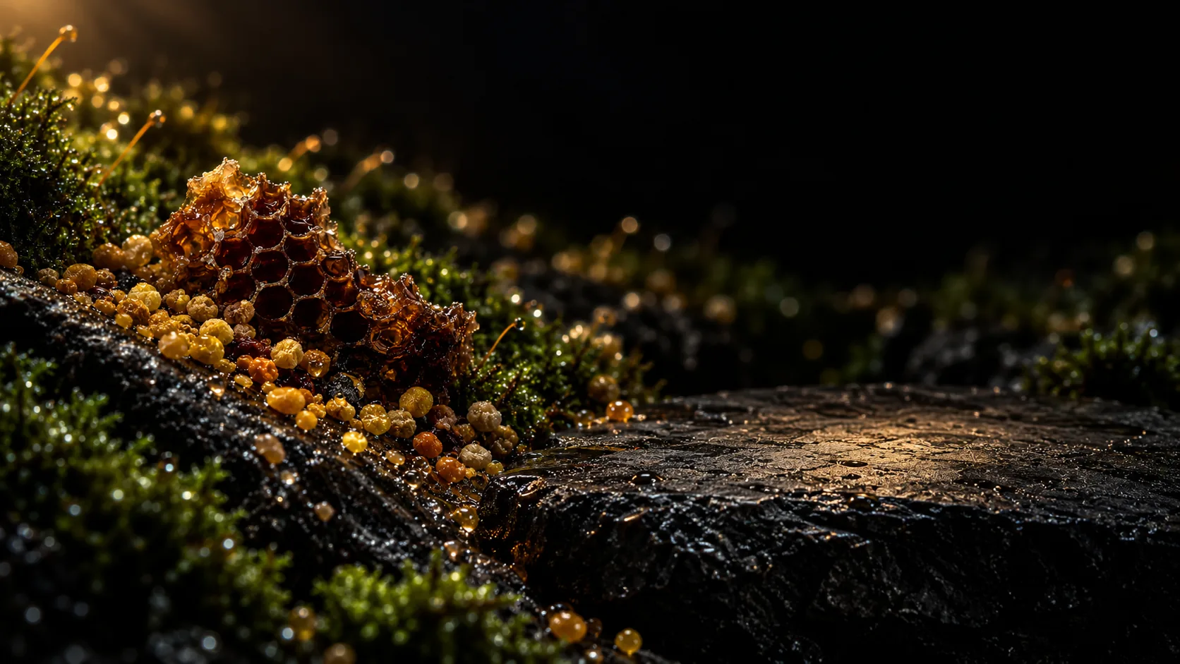 A honeycomb shard and golden bee pollen on moss and wet stone, a flat wet basalt ledge lit amber on the right